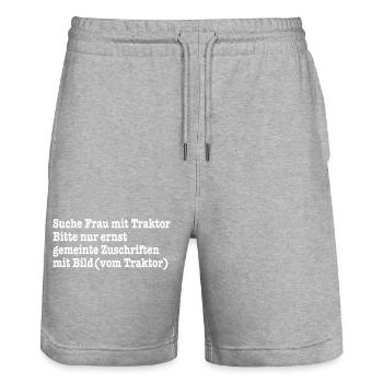 Suche Frau mit Traktor - Bauern Spruch - Stanley/Stella Unisex Bio Joggingshorts Trainer  - Grau meliert - Vorne - Nik (191cm) & Marisol (170cm)