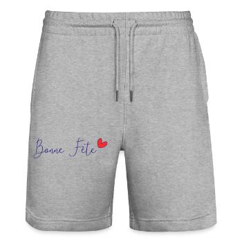 PAPA. FÊTE DES PÈRES. BONNE FÊTE PAPA. BONNE FÊTE. - Short de jogging bio TRAINER Stanley/Stella unisexe - gris chiné - Devant - Nik (191cm) & Marisol (170cm)