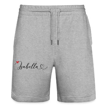 Isabella Nom Prénom Calligraphie coeur - Short de jogging bio TRAINER Stanley/Stella unisexe - gris chiné - Devant - Nik (191cm) & Marisol (170cm)