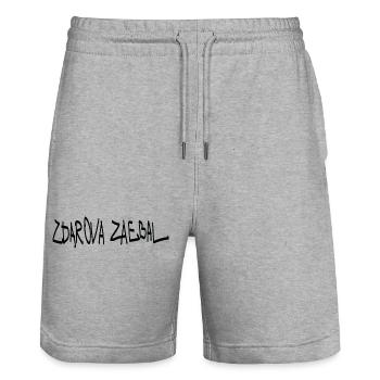 „Zdarova zaebal“ (здaрoвa заебал) ist eine Gruß - Stanley/Stella Unisex Bio Joggingshorts Trainer  - Grau meliert - Vorne - Nik (191cm) & Marisol (170cm)