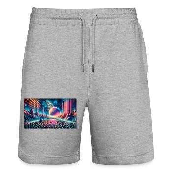Neon Dreamscape Odyssey – Synthwave Surrealismus Wid - Stanley/Stella Unisex Bio Joggingshorts Trainer  - Grau meliert - Vorne - Nik (191cm) & Marisol (170cm)