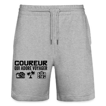 Voyageurs & Coureurs : Passion & Découverte - Short de jogging bio TRAINER Stanley/Stella unisexe - gris chiné - Devant - Nik (191cm) & Marisol (170cm)