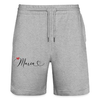 Maria Surname First name Calligraphy Heart - Stanley/Stella Trainer Unisex Organic Jogging Shorts - heather grey - Front - Nik (191cm) & Marisol (170cm)