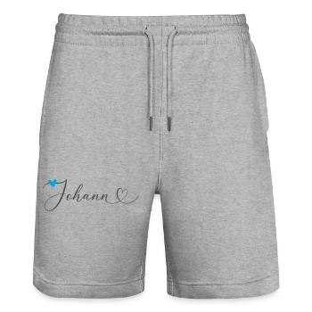 Johann Nom Prénom Calligraphie Coeur - Short de jogging bio TRAINER Stanley/Stella unisexe - gris chiné - Devant - Nik (191cm) & Marisol (170cm)