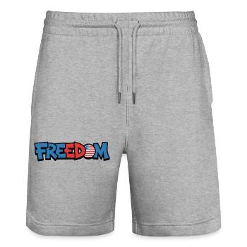 Freedom Typography Statement Design - Stanley/Stella Trainer Unisex Organic Jogging Shorts - heather grey - Front - Nik (191cm) & Marisol (170cm)