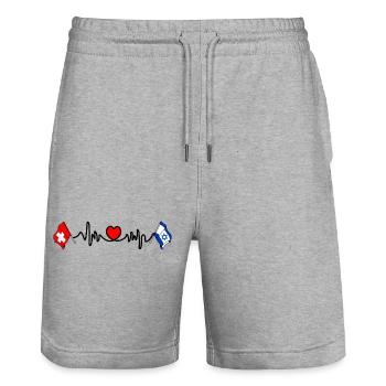 Cardio heart with Switzerland flag, Israel flag - Stanley/Stella Trainer Unisex Organic Jogging Shorts - heather grey - Front - Nik (191cm) & Marisol (170cm)