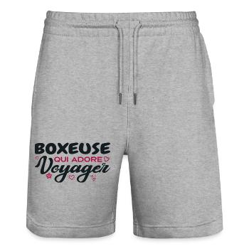 Boxeuse globe-trotteuse passionnée de voyages - Short de jogging bio TRAINER Stanley/Stella unisexe - gris chiné - Devant - Nik (191cm) & Marisol (170cm)