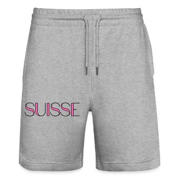 SUISSE. PAYS. GENEVE. SUISSE. HUMOUR. PAYS - Short de jogging bio TRAINER Stanley/Stella unisexe - gris chiné - Devant - Nik (191cm) & Marisol (170cm)