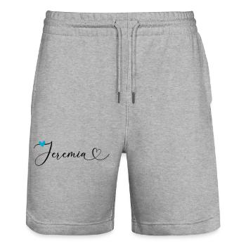 Jérémie Nom Prénom Calligraphie Coeur - Short de jogging bio TRAINER Stanley/Stella unisexe - gris chiné - Devant - Nik (191cm) & Marisol (170cm)