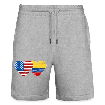 USA Colombia Flag Heart Used - Stanley/Stella Trainer Unisex Organic Jogging Shorts - heather grey - Front - Nik (191cm) & Marisol (170cm)
