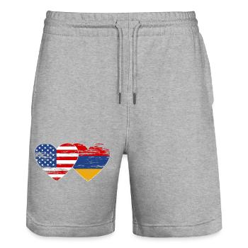 USA Armenia Flag Heart Used - Stanley/Stella Trainer Unisex Organic Jogging Shorts - heather grey - Front - Nik (191cm) & Marisol (170cm)