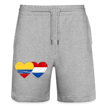 Colombie Hollande drapeau coeur utilisé - Short de jogging bio TRAINER Stanley/Stella unisexe - gris chiné - Devant - Nik (191cm) & Marisol (170cm)