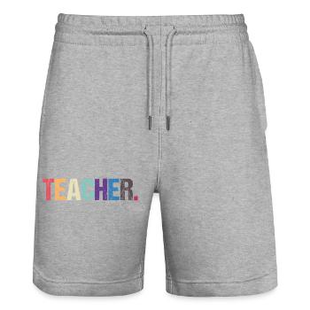 Colorful TEACHER design - Stanley/Stella Trainer Unisex Organic Jogging Shorts - heather grey - Front - Nik (191cm) & Marisol (170cm)