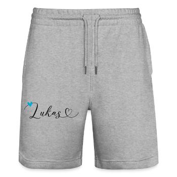 Lukas Nom Prénom Calligraphie Coeur - Short de jogging bio TRAINER Stanley/Stella unisexe - gris chiné - Devant - Nik (191cm) & Marisol (170cm)