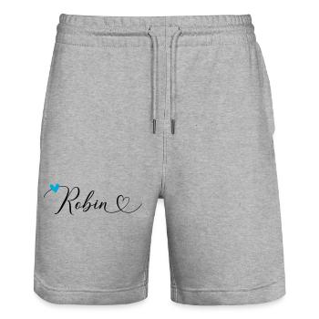 Robin Nom Prénom Calligraphie Coeur - Short de jogging bio TRAINER Stanley/Stella unisexe - gris chiné - Devant - Nik (191cm) & Marisol (170cm)