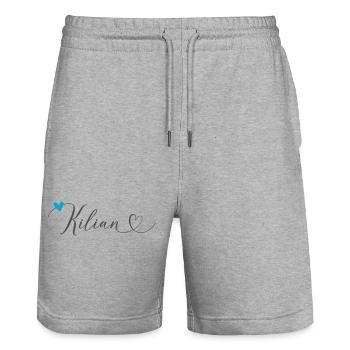 Kilian nom Prénom Calligraphie coeur - Short de jogging bio TRAINER Stanley/Stella unisexe - gris chiné - Devant - Nik (191cm) & Marisol (170cm)