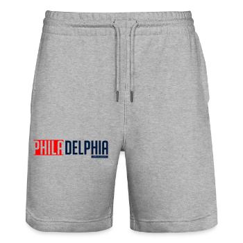 Philadelphia Skyline Silhouette Design - Stanley/Stella Trainer Unisex Organic Jogging Shorts - heather grey - Front - Nik (191cm) & Marisol (170cm)