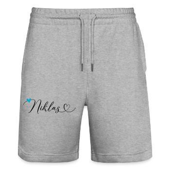 Niklas Name Vorname Kalligrafieherz - Stanley/Stella Unisex Bio Joggingshorts Trainer  - Grau meliert - Vorne - Nik (191cm) & Marisol (170cm)