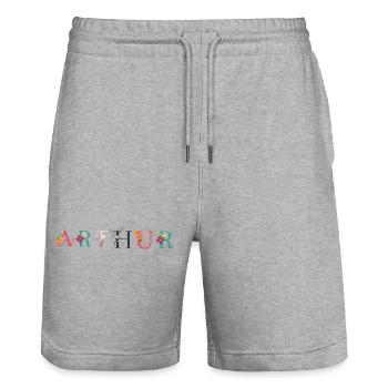 Art du nom ARTHUR avec fleurs brodées - Short de jogging bio TRAINER Stanley/Stella unisexe - gris chiné - Devant - Nik (191cm) & Marisol (170cm)