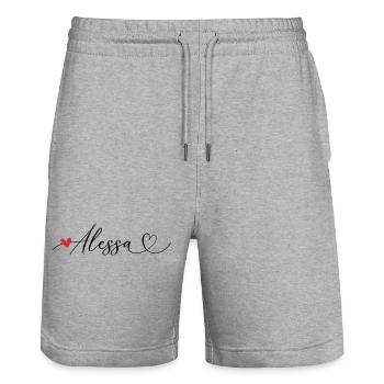 Alessa Nom Prénom Calligraphie coeur - Short de jogging bio TRAINER Stanley/Stella unisexe - gris chiné - Devant - Nik (191cm) & Marisol (170cm)