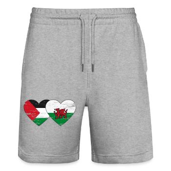 Palestine Wales flag heart used - Stanley/Stella Trainer Unisex Organic Jogging Shorts - heather grey - Front - Nik (191cm) & Marisol (170cm)