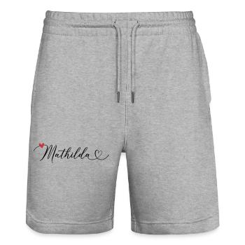Mathilda Surname First name Calligraphy Heart - Stanley/Stella Trainer Unisex Organic Jogging Shorts - heather grey - Front - Nik (191cm) & Marisol (170cm)