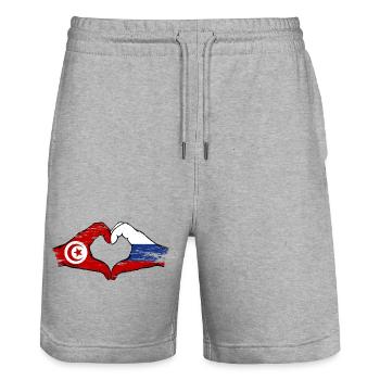 Tunisia Russia Flag Hands Heart Shape Used - Stanley/Stella Trainer Unisex Organic Jogging Shorts - heather grey - Front - Nik (191cm) & Marisol (170cm)
