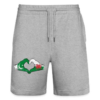 Drapeau du Pakistan Pays de Galles mains en forme de coeur utilisé - Short de jogging bio TRAINER Stanley/Stella unisexe - gris chiné - Devant - Nik (191cm) & Marisol (170cm)