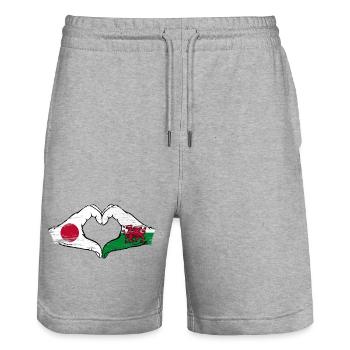 Japan Wales flag hands heart shape used - Stanley/Stella Trainer Unisex Organic Jogging Shorts - heather grey - Front - Nik (191cm) & Marisol (170cm)