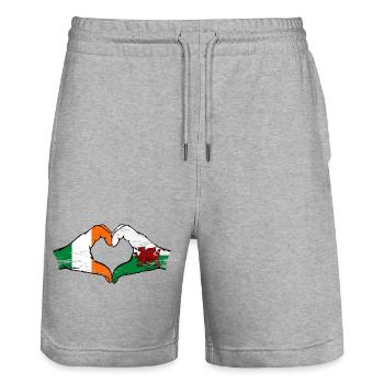 Ireland Wales Flag Hands Heart Shape Used - Stanley/Stella Trainer Unisex Organic Jogging Shorts - heather grey - Front - Nik (191cm) & Marisol (170cm)