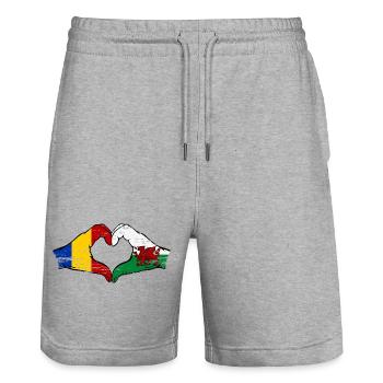 Roumanie Pays de Galles drapeau mains forme de coeur utilisé - Short de jogging bio TRAINER Stanley/Stella unisexe - gris chiné - Devant - Nik (191cm) & Marisol (170cm)