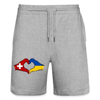 Switzerland Ukraine Flag Hands Heart Shape - Stanley/Stella Trainer Unisex Organic Jogging Shorts - heather grey - Front - Nik (191cm) & Marisol (170cm)