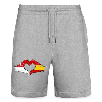 Singapore Spain flag hands heart shape used - Stanley/Stella Trainer Unisex Organic Jogging Shorts - heather grey - Front - Nik (191cm) & Marisol (170cm)