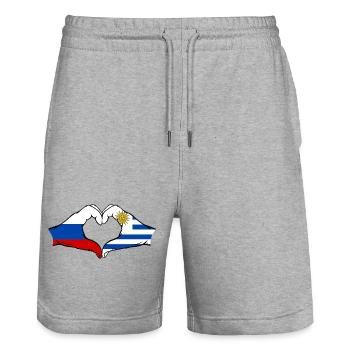 Russia Uruguay Flag Hands Heart Shape - Stanley/Stella Trainer Unisex Organic Jogging Shorts - heather grey - Front - Nik (191cm) & Marisol (170cm)