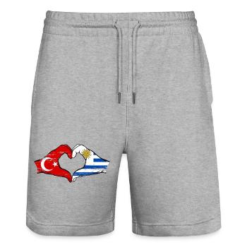 Turkey Uruguay Flag Hands Heart Shape Used - Stanley/Stella Trainer Unisex Organic Jogging Shorts - heather grey - Front - Nik (191cm) & Marisol (170cm)