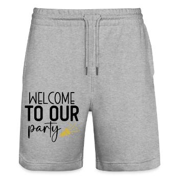 Design Welcome to our party - Short de jogging bio TRAINER Stanley/Stella unisexe - gris chiné - Devant - Nik (191cm) & Marisol (170cm)