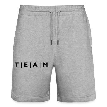 TEAM with stripes - Stanley/Stella Trainer Unisex Organic Jogging Shorts - heather grey - Front - Nik (191cm) & Marisol (170cm)