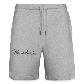 Maximilien Nom Prénom Calligraphie coeur - Short de jogging bio TRAINER Stanley/Stella unisexe - gris chiné - Devant - Nik (191cm) & Marisol (170cm)