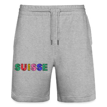 SUISSE. PAYS. GENEVE. HUMOUR. DRAPEAU. GENEVE - Short de jogging bio TRAINER Stanley/Stella unisexe - gris chiné - Devant - Nik (191cm) & Marisol (170cm)