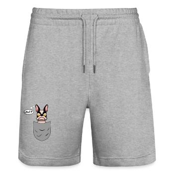 Boston Terrier in Brusttasche, lustig - Stanley/Stella Unisex Bio Joggingshorts Trainer  - Grau meliert - Vorne - Nik (191cm) & Marisol (170cm)