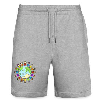 one world - Journée mondiale de l’enfance - Short de jogging bio TRAINER Stanley/Stella unisexe - gris chiné - Devant - Nik (191cm) & Marisol (170cm)