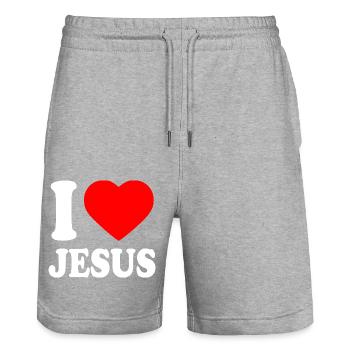 I love jesus - Stanley/Stella Trainer Unisex Organic Jogging Shorts - heather grey - Front - Nik (191cm) & Marisol (170cm)