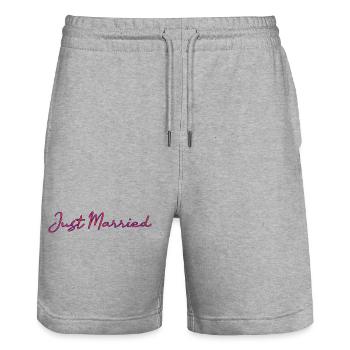 JUST MARRIED. bachelorette party. SAINT VALENTINE. COUPLE - Stanley/Stella Trainer Unisex Organic Jogging Shorts - heather grey - Front - Nik (191cm) & Marisol (170cm)
