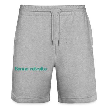 RETIREMENT. HAPPY RETIREMENT. HAPPY RETREAT - Stanley/Stella Trainer Unisex Organic Jogging Shorts - heather grey - Front - Nik (191cm) & Marisol (170cm)