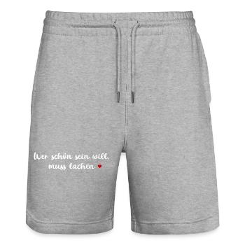WER SCHÖN SEIN WILL MUSS LACHEN SPRUCH ZITAT WORTE - Stanley/Stella Unisex Bio Joggingshorts Trainer  - Grau meliert - Vorne - Nik (191cm) & Marisol (170cm)