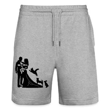 Newlyweds with dog, cat and rabbit getting married - Stanley/Stella Trainer Unisex Organic Jogging Shorts - heather grey - Front - Nik (191cm) & Marisol (170cm)