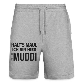 Shut up - I'm the Muddi here - Stanley/Stella Trainer Unisex Organic Jogging Shorts - heather grey - Front - Nik (191cm) & Marisol (170cm)