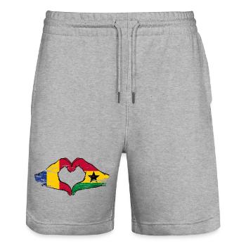 Romania Ghana flag hands heart shape used - Stanley/Stella Trainer Unisex Organic Jogging Shorts - heather grey - Front - Nik (191cm) & Marisol (170cm)