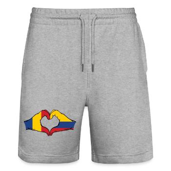 Romania Colombia Flag Hands Heart Shape - Stanley/Stella Trainer Unisex Organic Jogging Shorts - heather grey - Front - Nik (191cm) & Marisol (170cm)