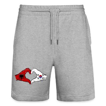 Albania South Korea Flag Hands Heart Shape Used - Stanley/Stella Trainer Unisex Organic Jogging Shorts - heather grey - Front - Nik (191cm) & Marisol (170cm)